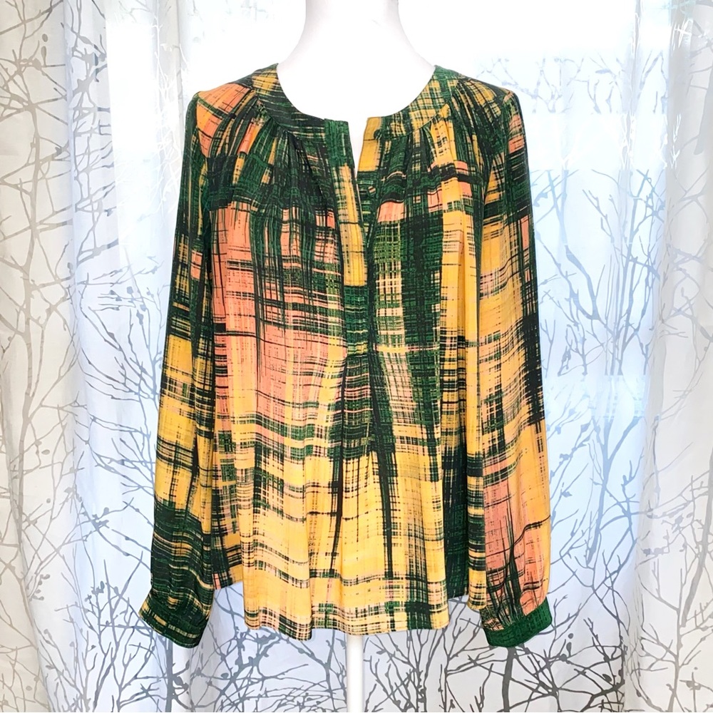 THAKOON yellow peach green print silk button down neck v-neck long sleeve top - Picture 10 of 11